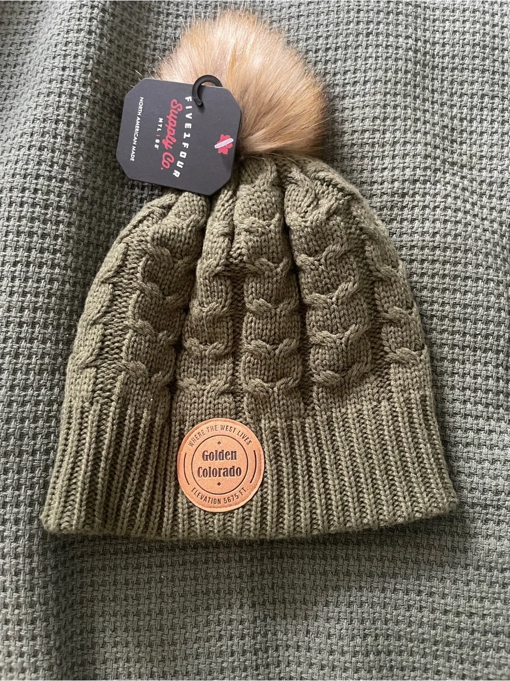 Olive Knit Pom Beanie with Faux Fur Pom